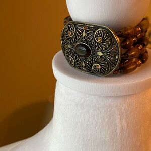 EUC Vintage Boho Brass Charm Wooden Bead and Acrylic Stone Stretch Bracelet
